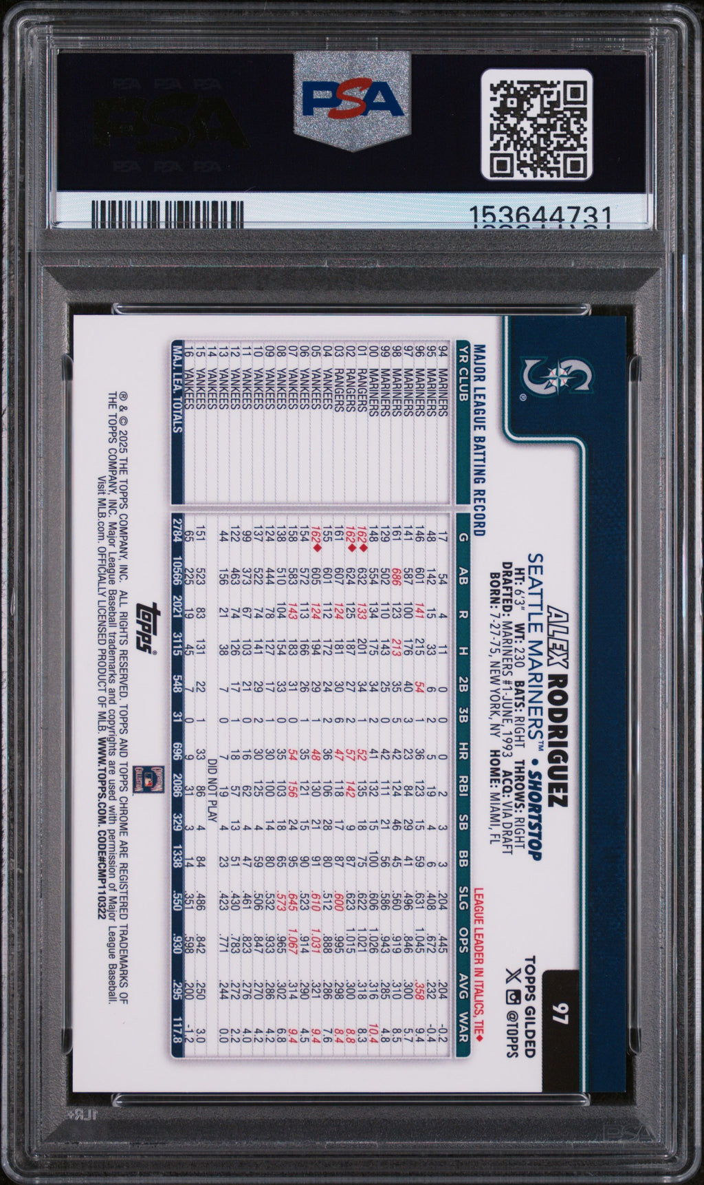 2025 Topps Gilded Collection Alex Rodriguez - Gold Mini Diamond /50 - #97 PSA 9