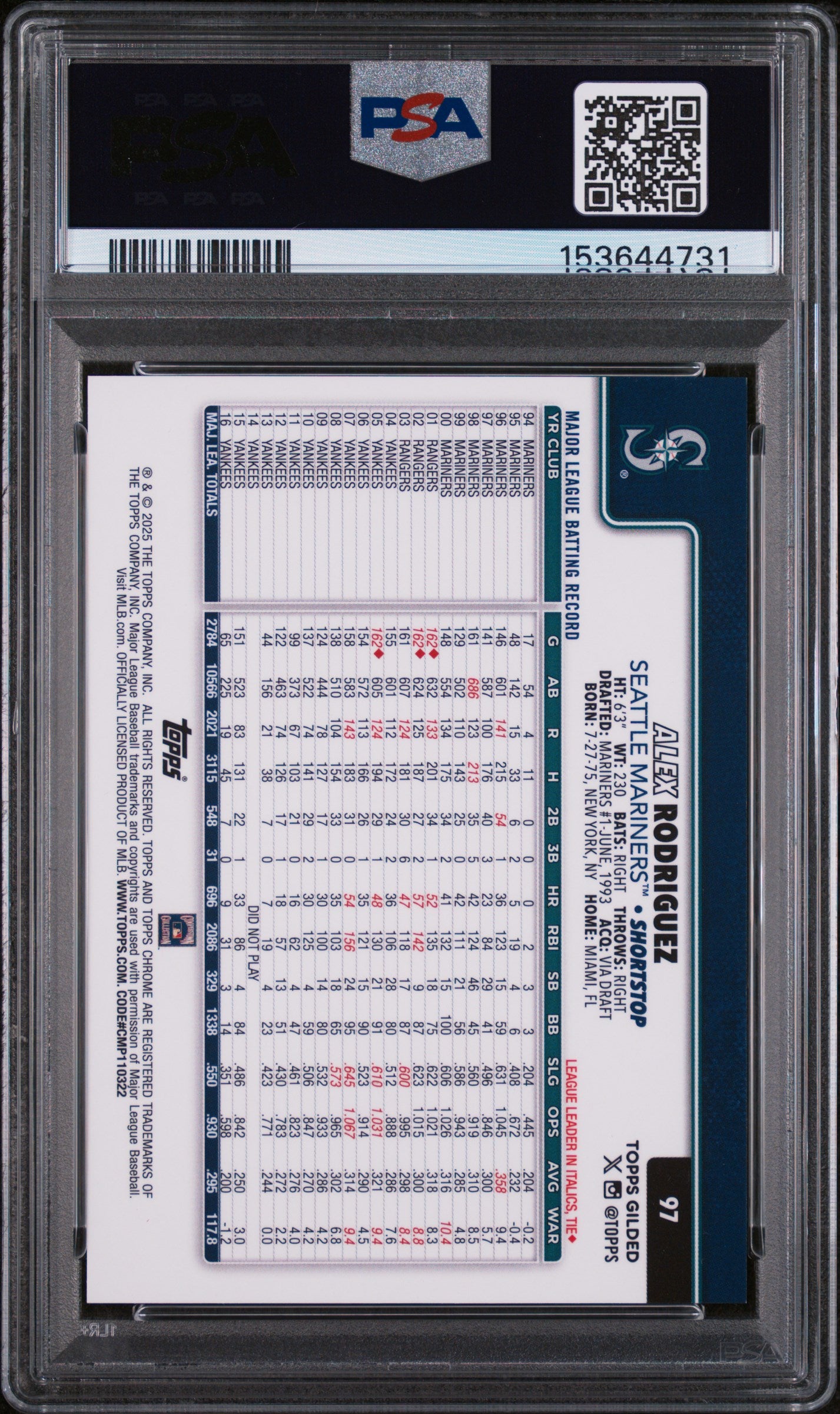 2025 Topps Gilded Collection Alex Rodriguez - Gold Mini Diamond /50 - #97 PSA 9