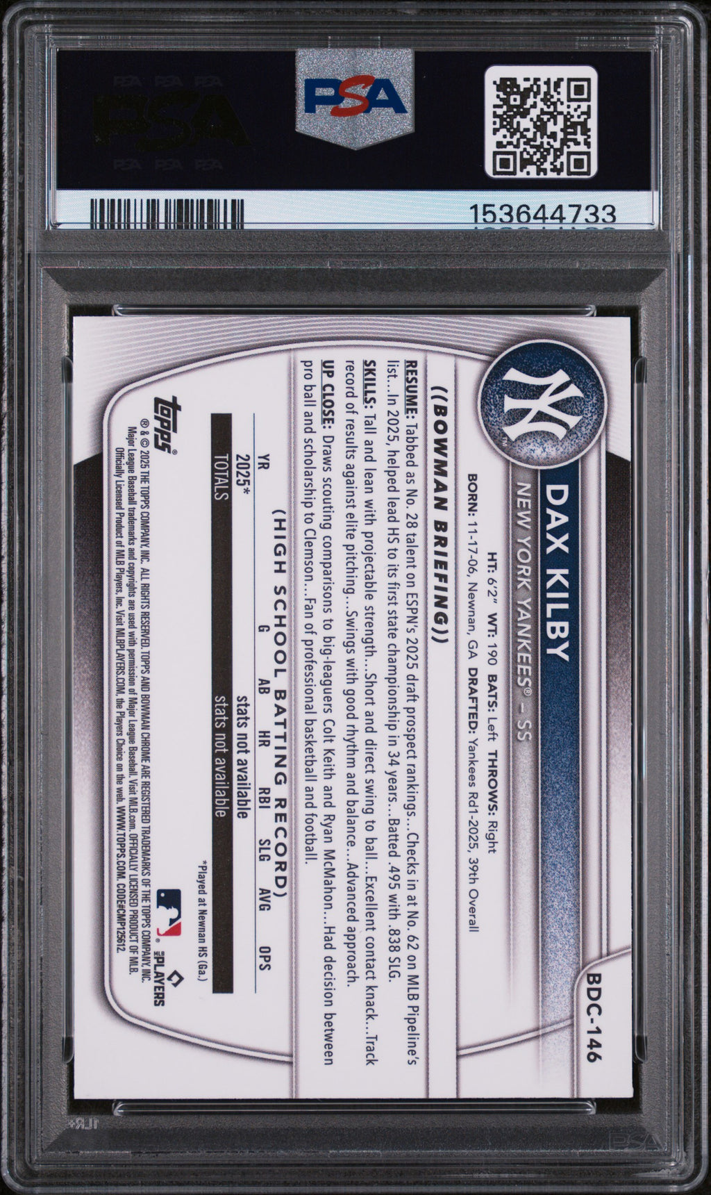 2025 Bowman Draft Sapphire Edition Dax Kilby #BDC-146 PSA 9 New York Yankees