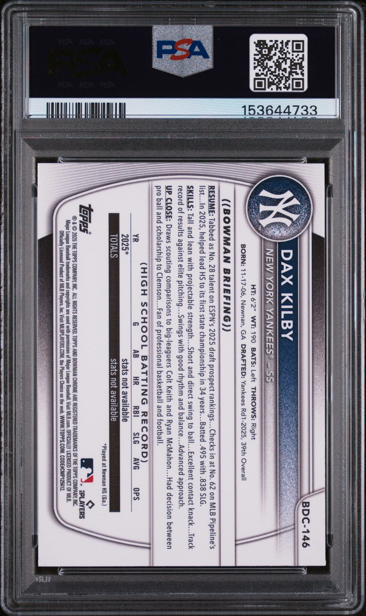 2025 Bowman Draft Sapphire Edition Dax Kilby #BDC-146 PSA 9 New York Yankees