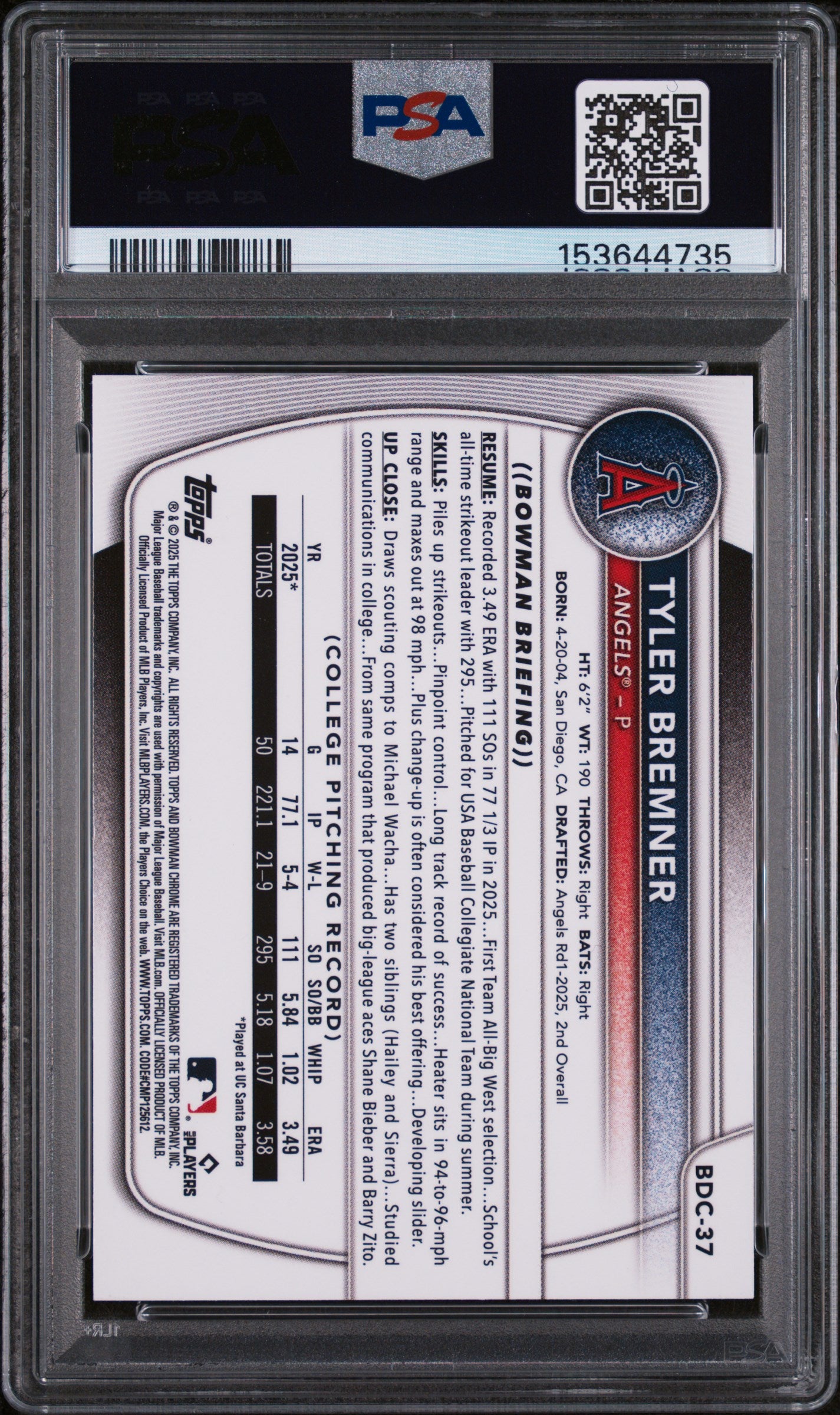2025 Bowman Draft Sapphire Tyler Bremner #37 PSA 9